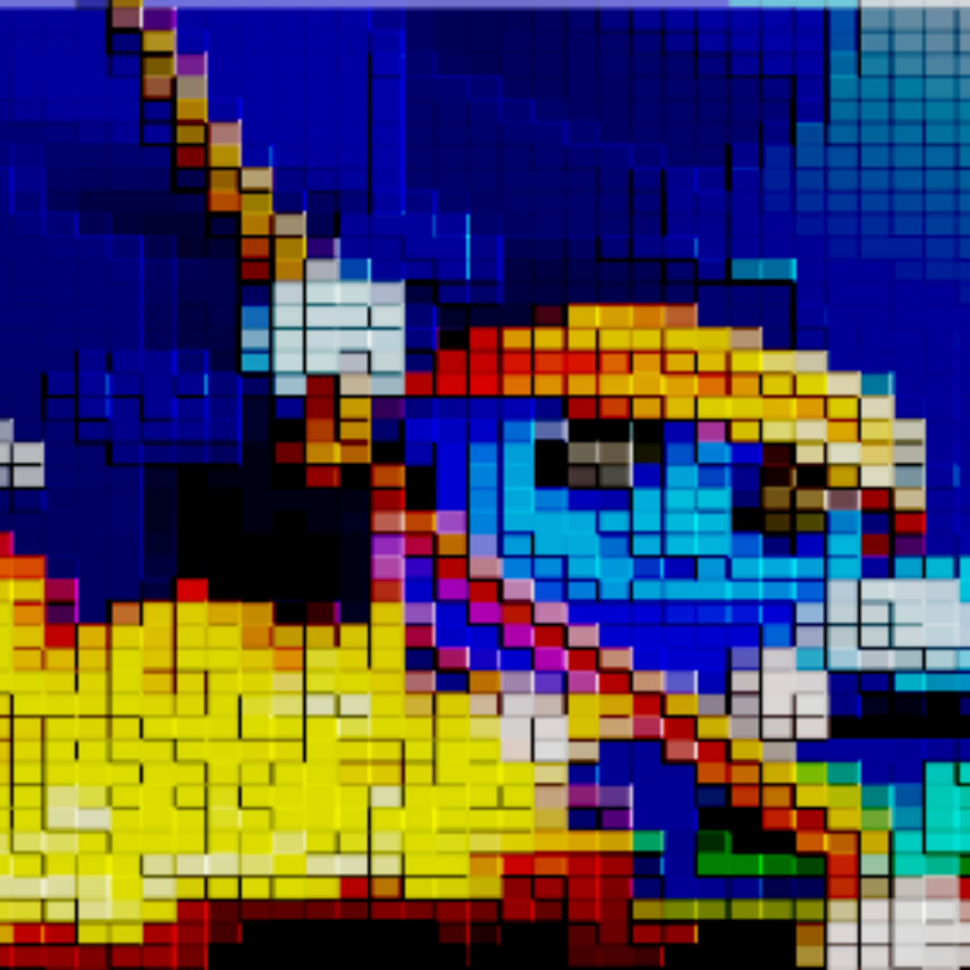 A pixelart image of two ball-like characters jumping in a bright and colorful world