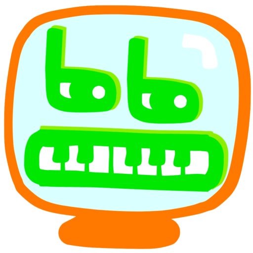 My logo: an orange cartoony computer monitor with musical notes for eyes and a piano for a mouth